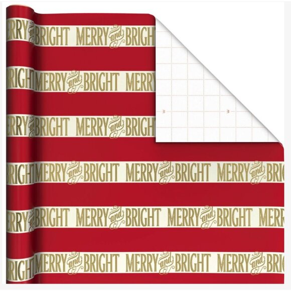 Hallmark Wrapping Paper Merry and Bright Red Gold 35 sq ft Roll Holiday Gift - Picture 2 of 5